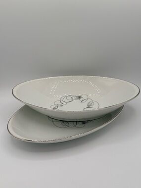 Meito Tempo fine china serving bowl & platter swirling pattern with silver trim